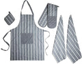 Kitchen utility set with striped grey apron, pot holder, oven mitts, and kitchen towels