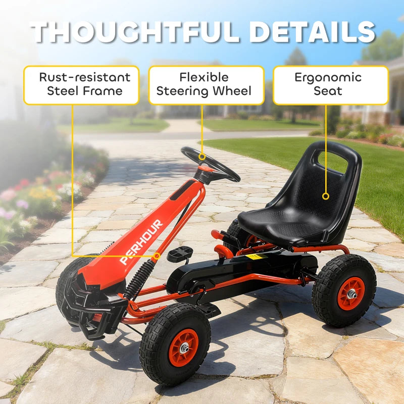 Red kids pedal go-kart with ergonomic black seat and orange wheels, side view.