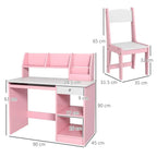 Pink two-piece kids desk and chair set with dimensions labeled