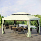 Cream double-roof gazebo canopy with side curtains around a patio dining area