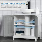 Grey under-sink cabinet with adjustable shelves and open doors for flexible storage.