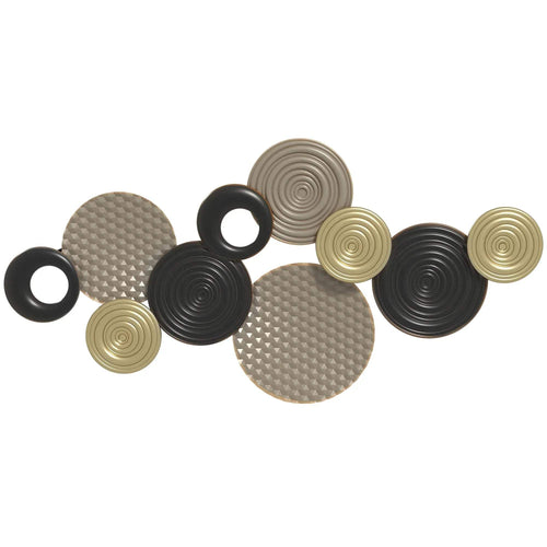 Modern metal disc wall art with circular ring and disc layout, khaki and black