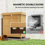 Wooden garden shed cabinet with double doors open, interior shelf and hardware visible