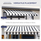 Blue and white striped retractable awning with scalloped edge for doorway placement