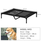 Black elevated pet cot bed with mesh fabric and metal legs, shown with dimensions