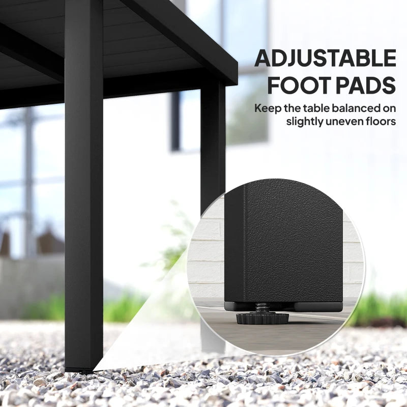 Black table leg with adjustable foot pad for uneven outdoor floors