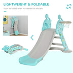 Foldable kids slide with basketball hoop; teal deer frame and gray ramp