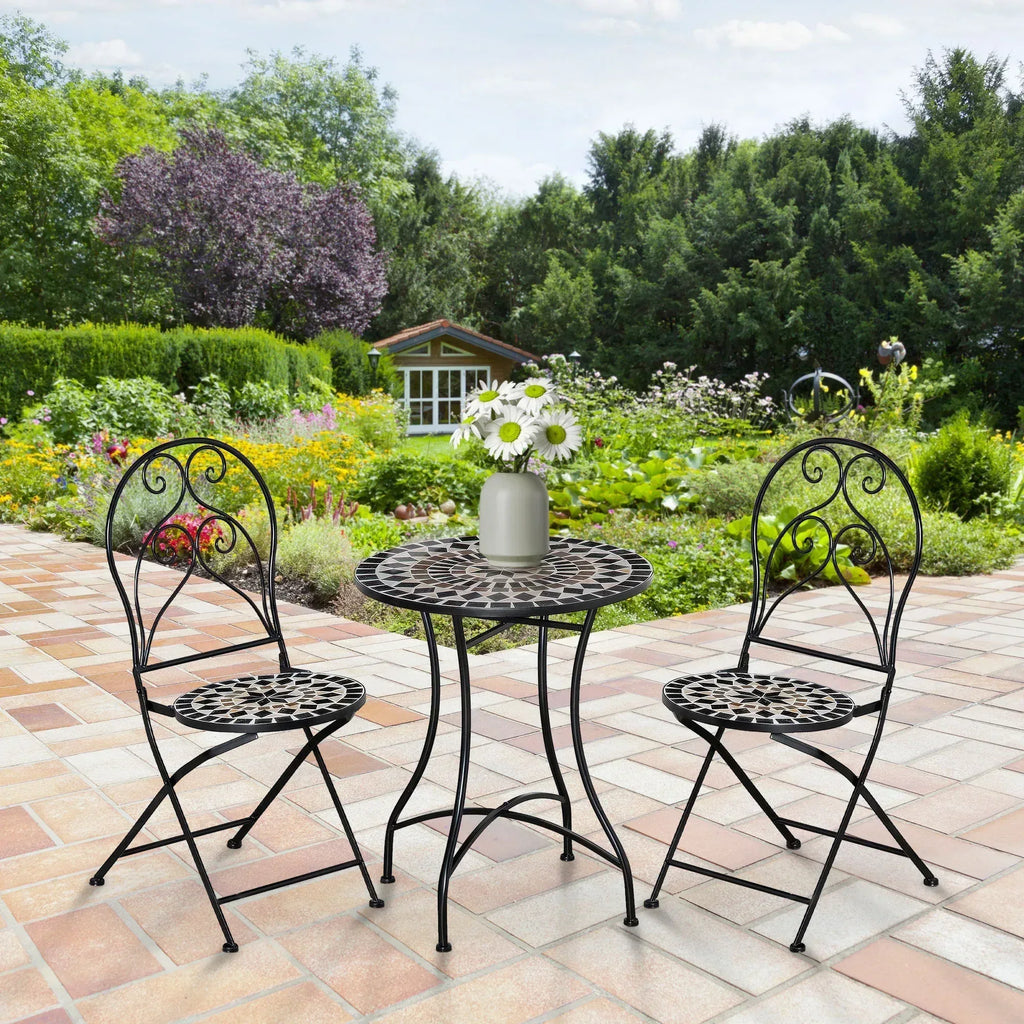 3 Pieces Garden Bistro Set with Coffee Table and 2 Folding Single Chairs, Mosaic Garden Table Top and Seats, Metal Frame, for Patio Balcony, Black - Bobobiy