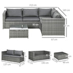 Grey PE rattan corner sofa set with cushions, coffee table, and matching ottoman set sizes
