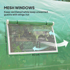 Green polytunnel greenhouse with mesh window section in the side wall