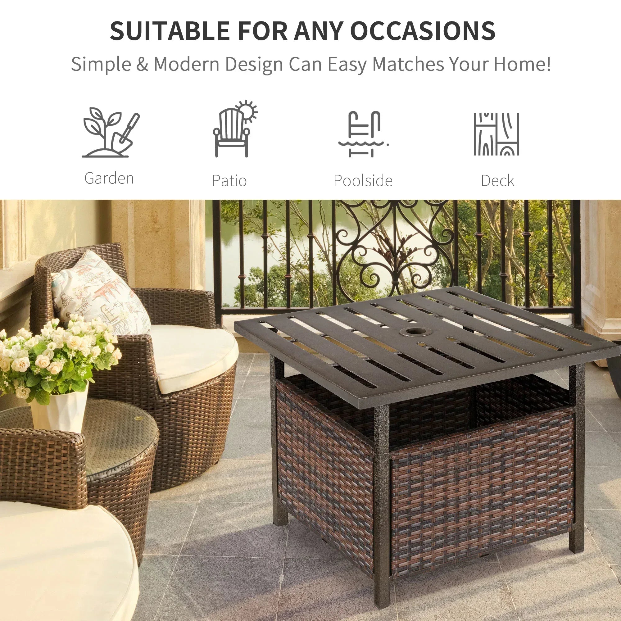 Rattan Garden Coffee Table, 55.5 cm Square Wicker Patio Side Coffee Table with 4 cm Umbrella Hole, Metal Bottom and Slatted Top for Outdoor, Balcony, Brown - Bobobiy