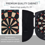 Black electronic dartboard with folding cabinet; close-up of board face and side cover