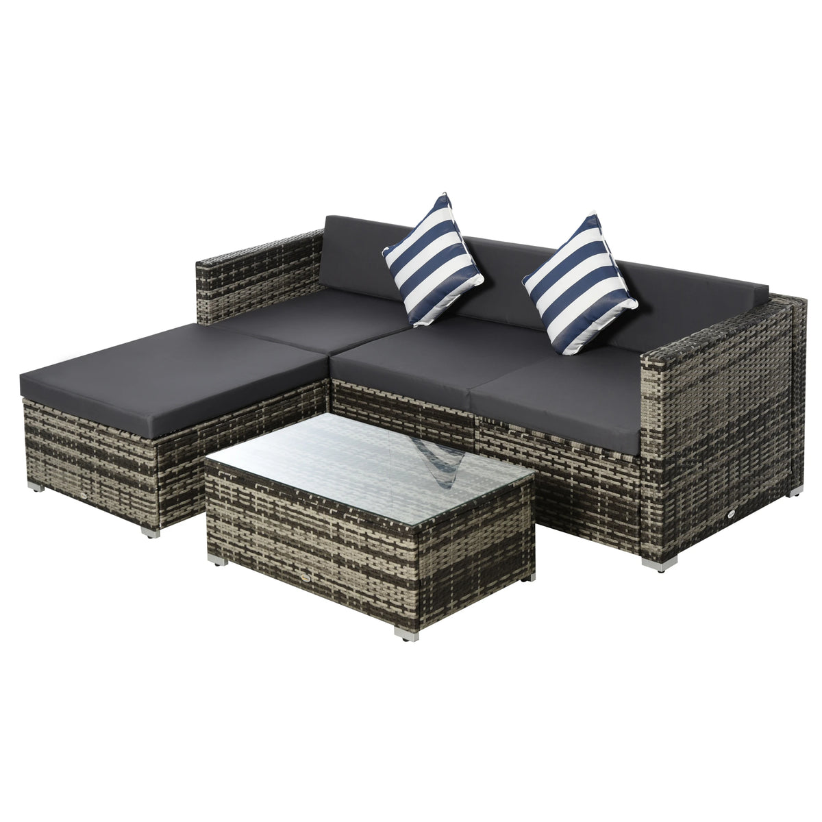 Grey rattan garden sofa set with sectional seating, dark cushions, striped pillows and glass-top table