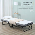 Folding guest bed with white mattress, gray side frame cover, and black base with wheels