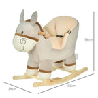 Grey donkey plush rocking toy with padded seat and safety strap, side view