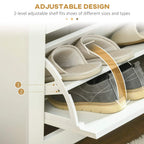 Adjustable flip shelf inside white shoe cabinet with space for shoes