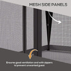 Light grey gazebo with dark mesh side panel and zipper opening for ventilation