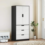 Black and white wardrobe with two doors and three drawers in a bedroom setting