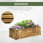 Wooden raised garden bed planter box with flowers and drainage detail