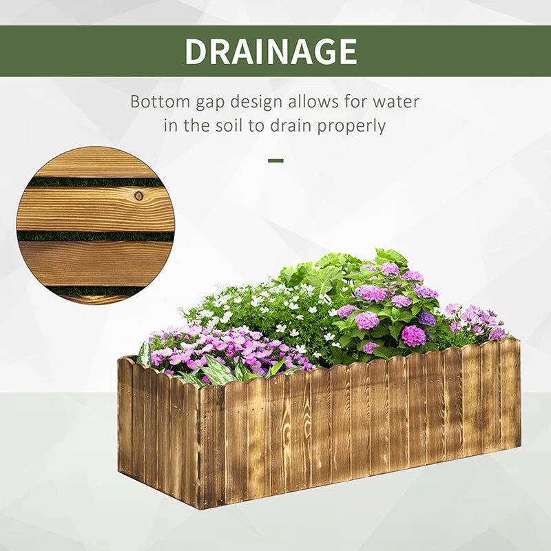 Wooden raised garden bed planter box with flowers and drainage detail