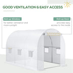 White greenhouse tunnel cover diagram showing roll-up window and roll-up door access