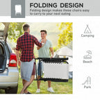 Folding patio chairs with cream mesh backs and black steel frames with armrests