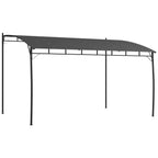 Dark grey metal pergola with arched shade roof, open-frame canopy structure