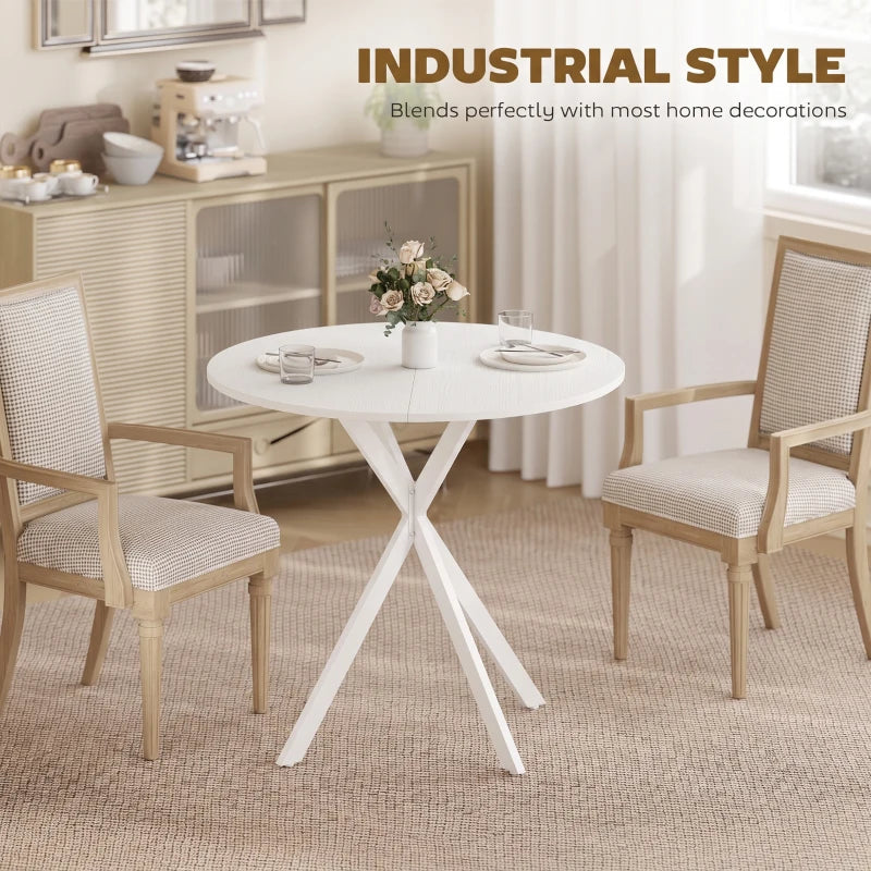 White round industrial dining table with X-style tripod leg design