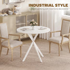 White round industrial dining table with X-style tripod leg design