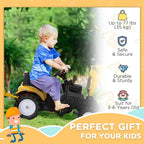 Yellow ride-on construction tractor with child riding on grass