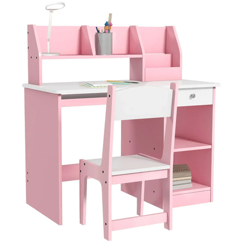 Pink kids desk and chair set with top storage ledge and side shelves