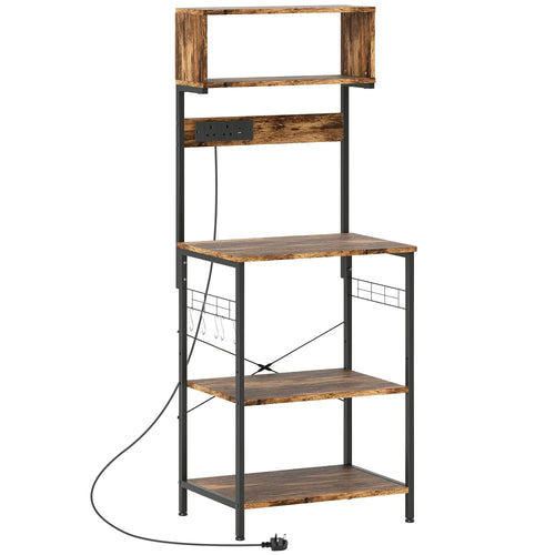 Rustic brown microwave stand baker rack with three shelves and power outlet cord