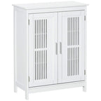 White bathroom floor cabinet with slatted double doors and metal handles.