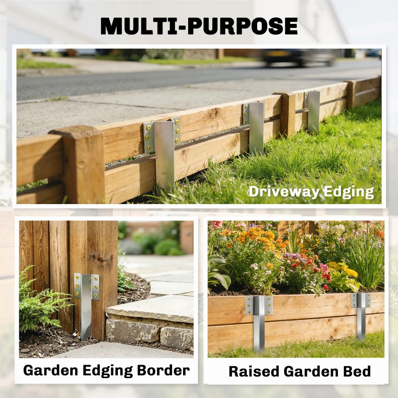 Silver metal stake bracket connectors securing wooden garden edging and beds