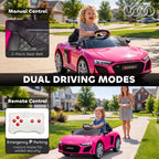 Pink kids electric ride-on car with seat belt and dual driving modes concept