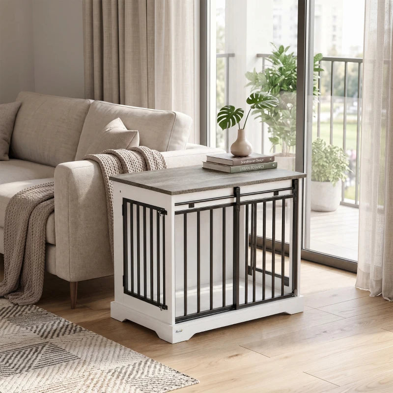 White dog crate furniture with black bars and sliding door, front corner view in living room
