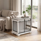 White dog crate furniture with black bars and sliding door, front corner view in living room