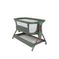 Olive folding bedside crib with canopy, white mesh panels, and patterned base
