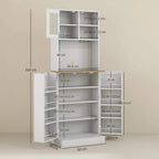 White kitchen storage cabinet with interior and exterior dimensions shown on diagram