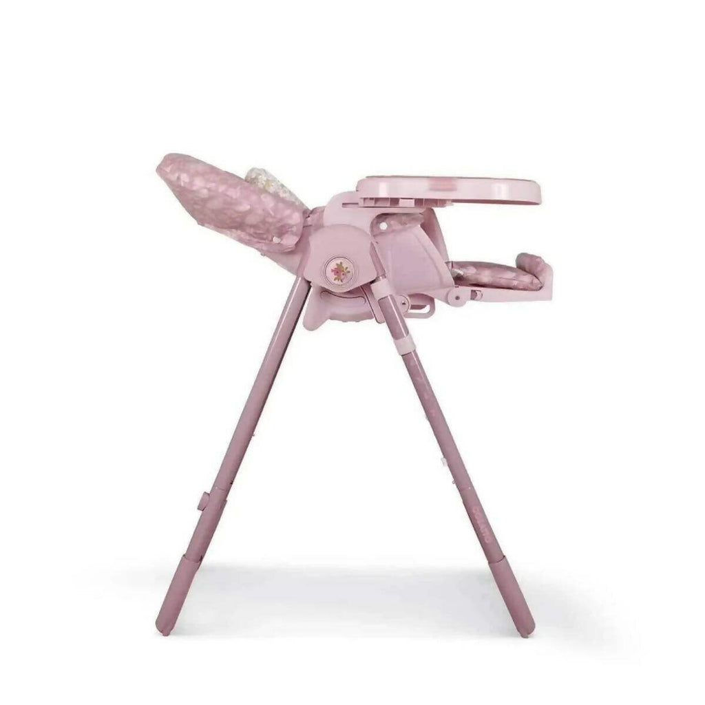 Pink patterned 0+ highchair with tray and reclined seat, opposite angled view