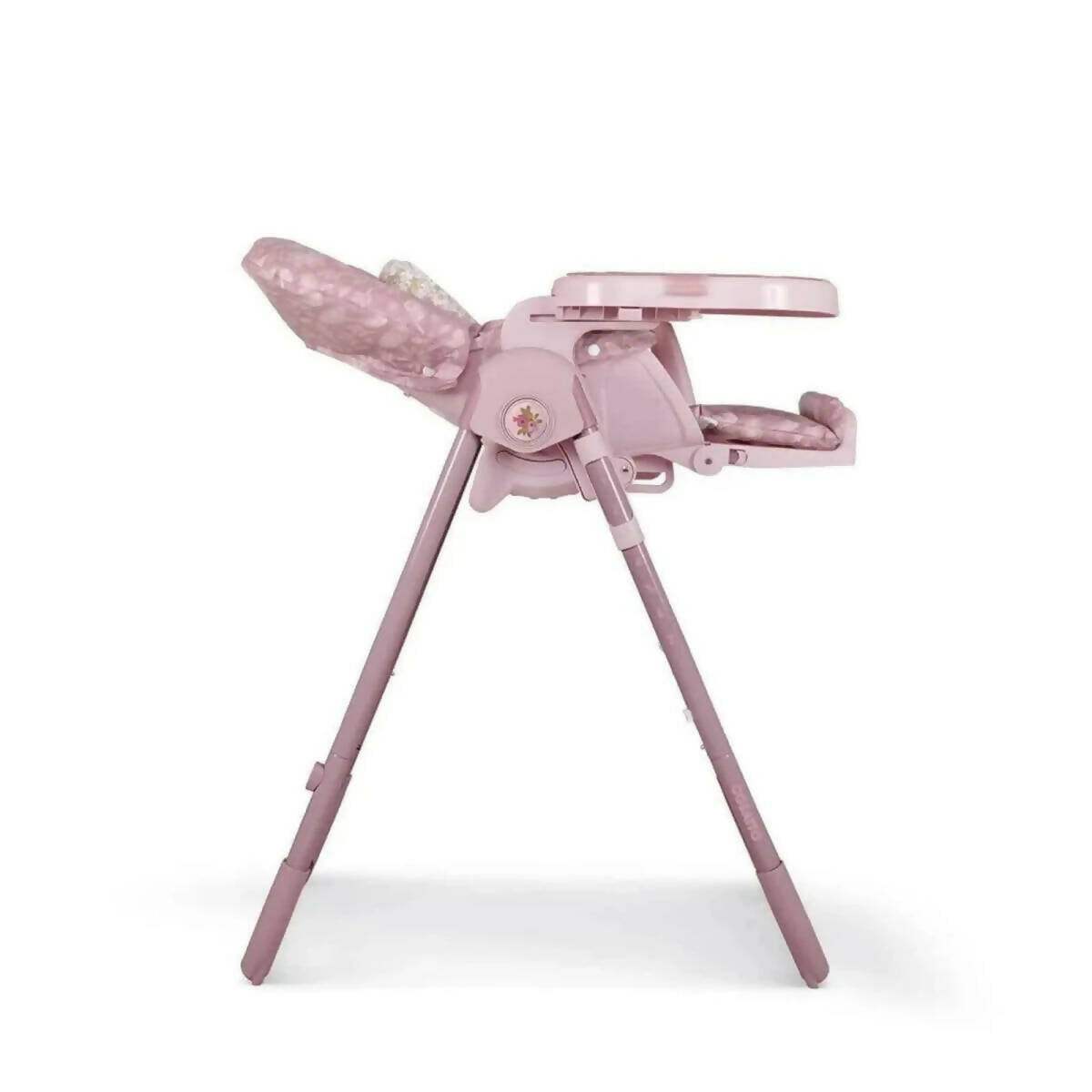 Pink patterned 0+ highchair with tray and reclined seat, opposite angled view