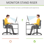 Bamboo monitor stand riser illustration showing raised monitor position and desk comfort