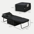 Black fabric folding sleeper chair bed, shown folded out with dimensions