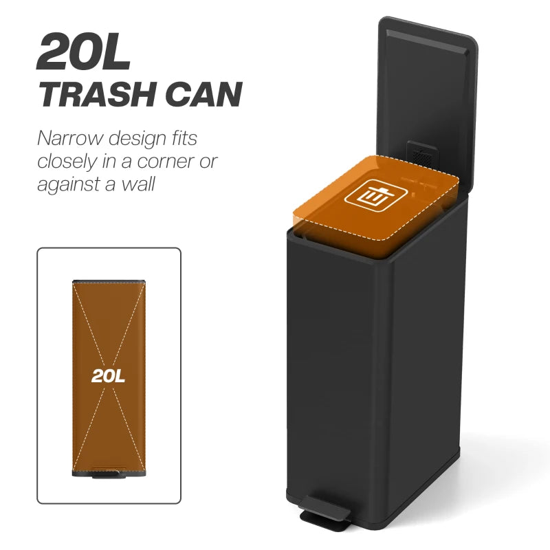 Black narrow trash bin with open lid and base foot pedal