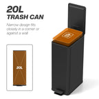 Black narrow trash bin with open lid and base foot pedal