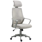Grey ergonomic office chair with headrest, lumbar support, and swivel casters