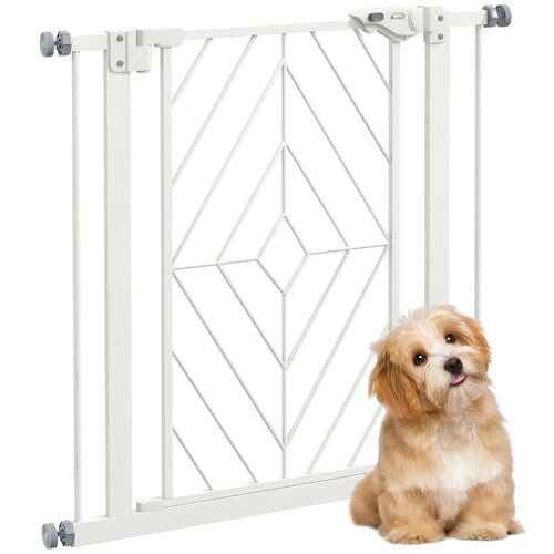 White metal stair gate with geometric mesh pattern and pressure-mount frame, open