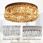 Golden-lit silver crystal ceiling light with dense hanging crystal prisms