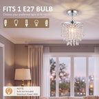 Clear crystal chandelier ceiling light with silver mounting plate and dangling drop strands