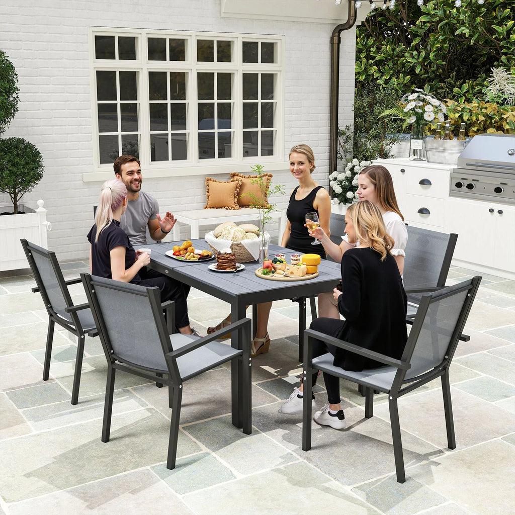 Seven-Piece Garden Dining Set, with Plastic Wood-Top Table - Grey - Bobobiy